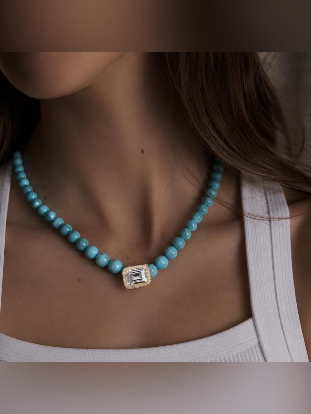 Turquoise Beaded Necklace with Gold Crystal Pendant